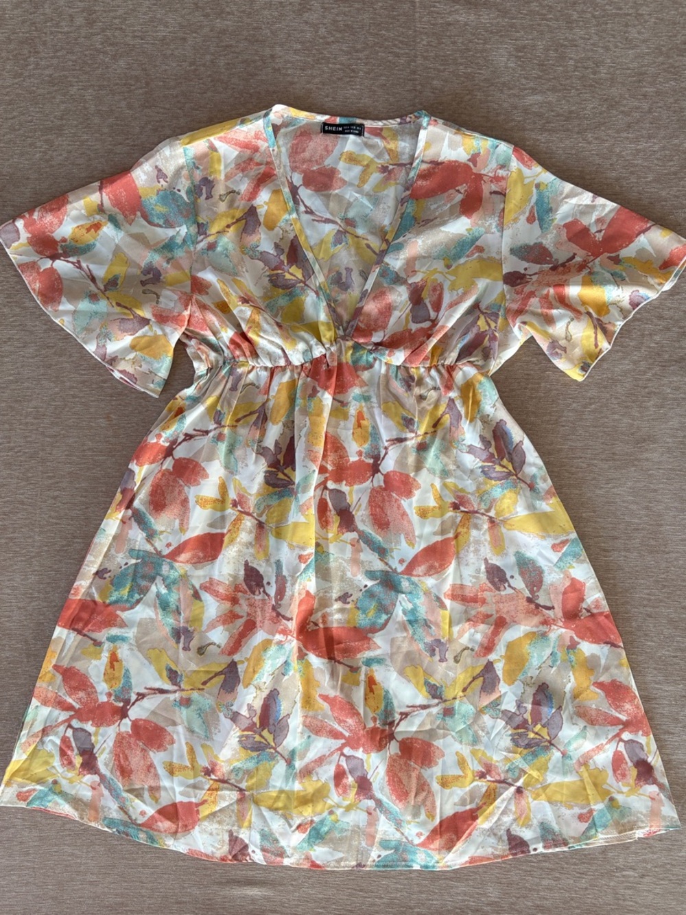 SHEIN Coral, Yellow & Teal Watercolor Floral Mini Dress Beach Coverup Size M